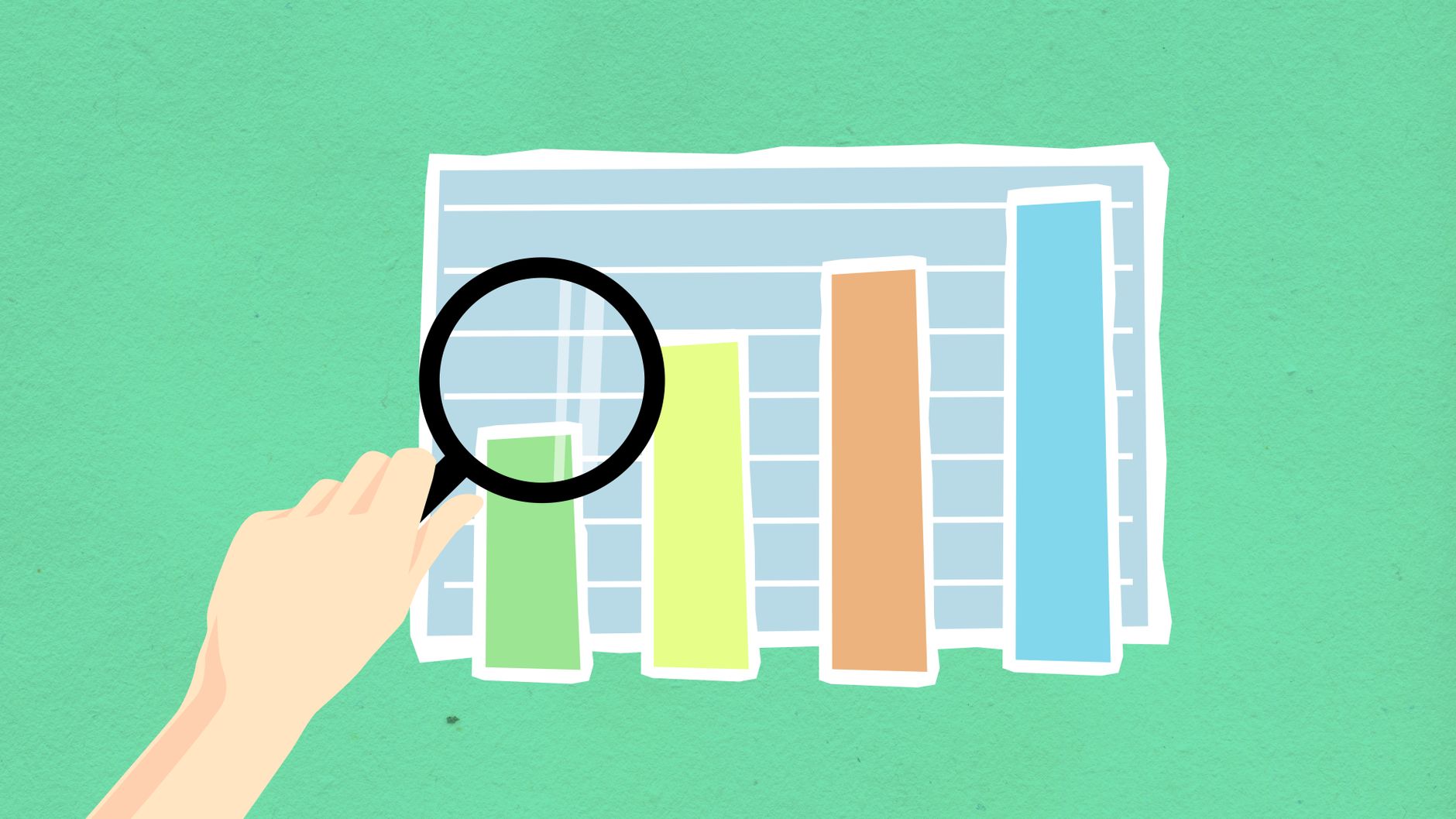 Hand holding a magnifying glass inspecting a colorful bar chart on a green background