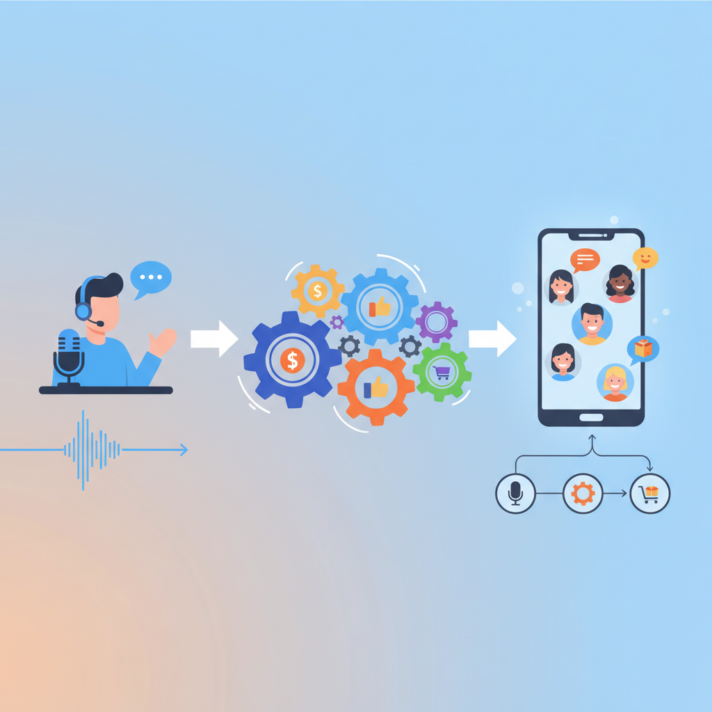 Podcast host speaking into a microphone, gesturing towards a product on their desk with an authentic smile. — podcast host endorsement deals