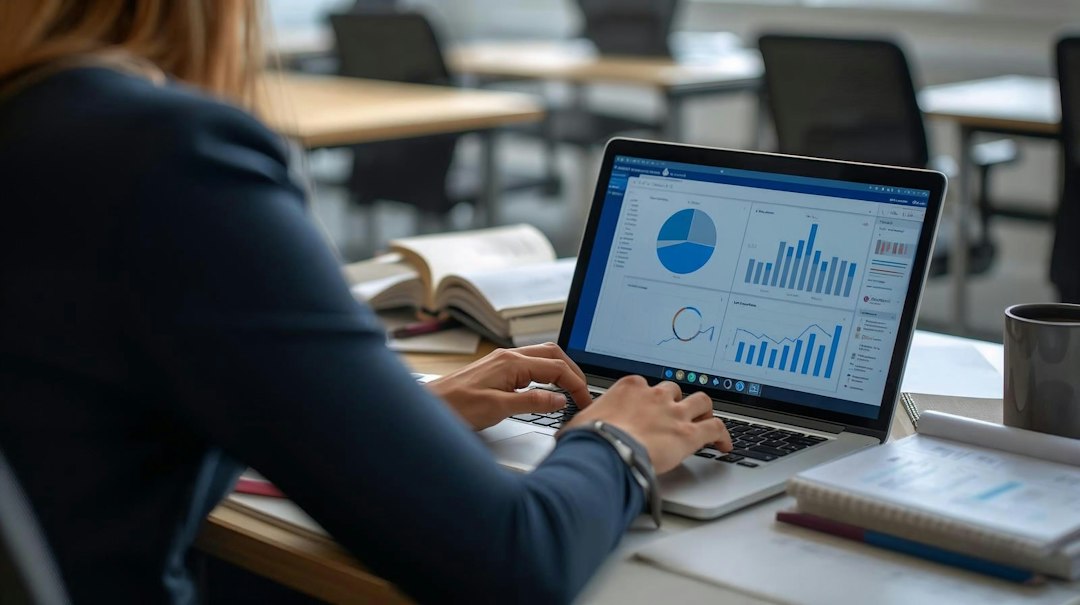 Person analyzing podcast data charts and graphs on a laptop screen