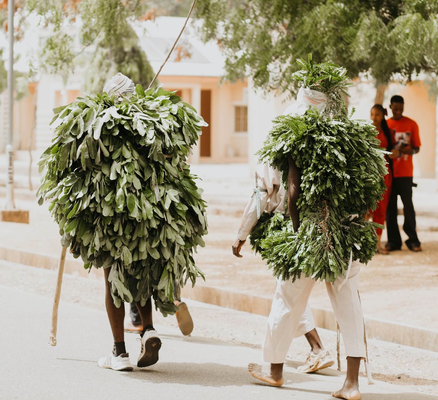 Two people wearing large, green leaf costumes walk down a street