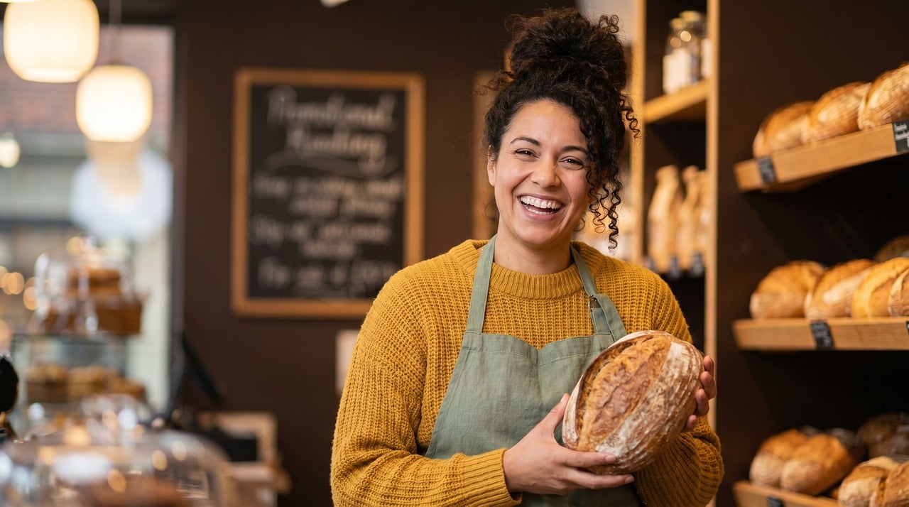Smiling bakery owner in apron holds fresh bread, representing small business