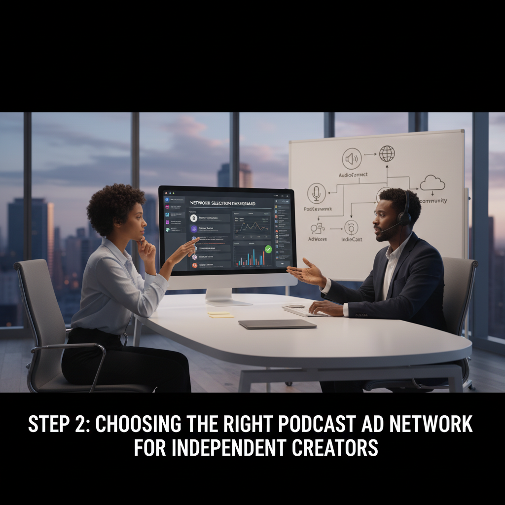 A podcaster analyzing their analytics dashboard showing ad revenue and CPM metrics on a laptop. — podcast ad network for independent creators