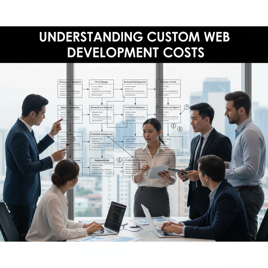 A designer's desk showing UX wireframes and UI color palettes for a new website on a large monitor. — custom web development cost breakdown