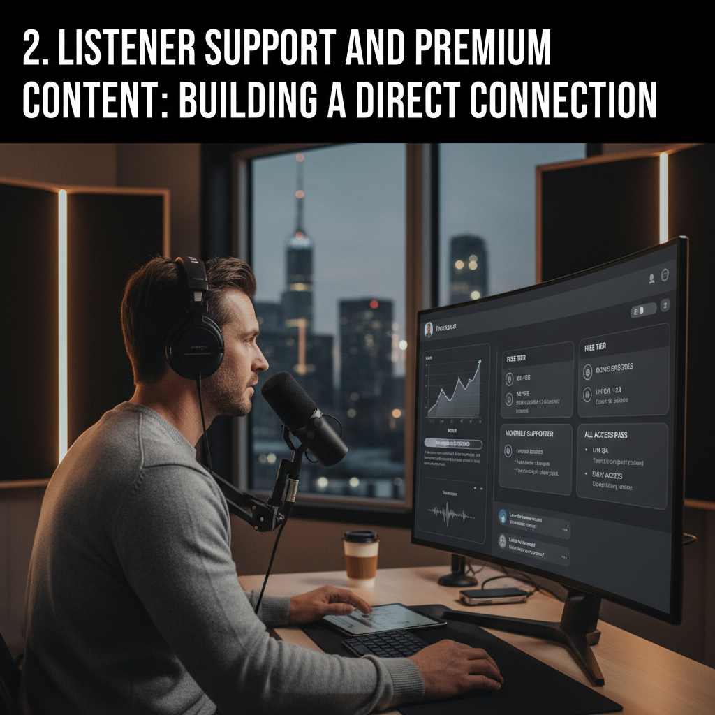 A collection of high-quality podcast merchandise, including a t-shirt with a unique design, an enamel pin, and a branded coffee mug, arranged neatly on a wooden table. — podcast monetization strategies 2026