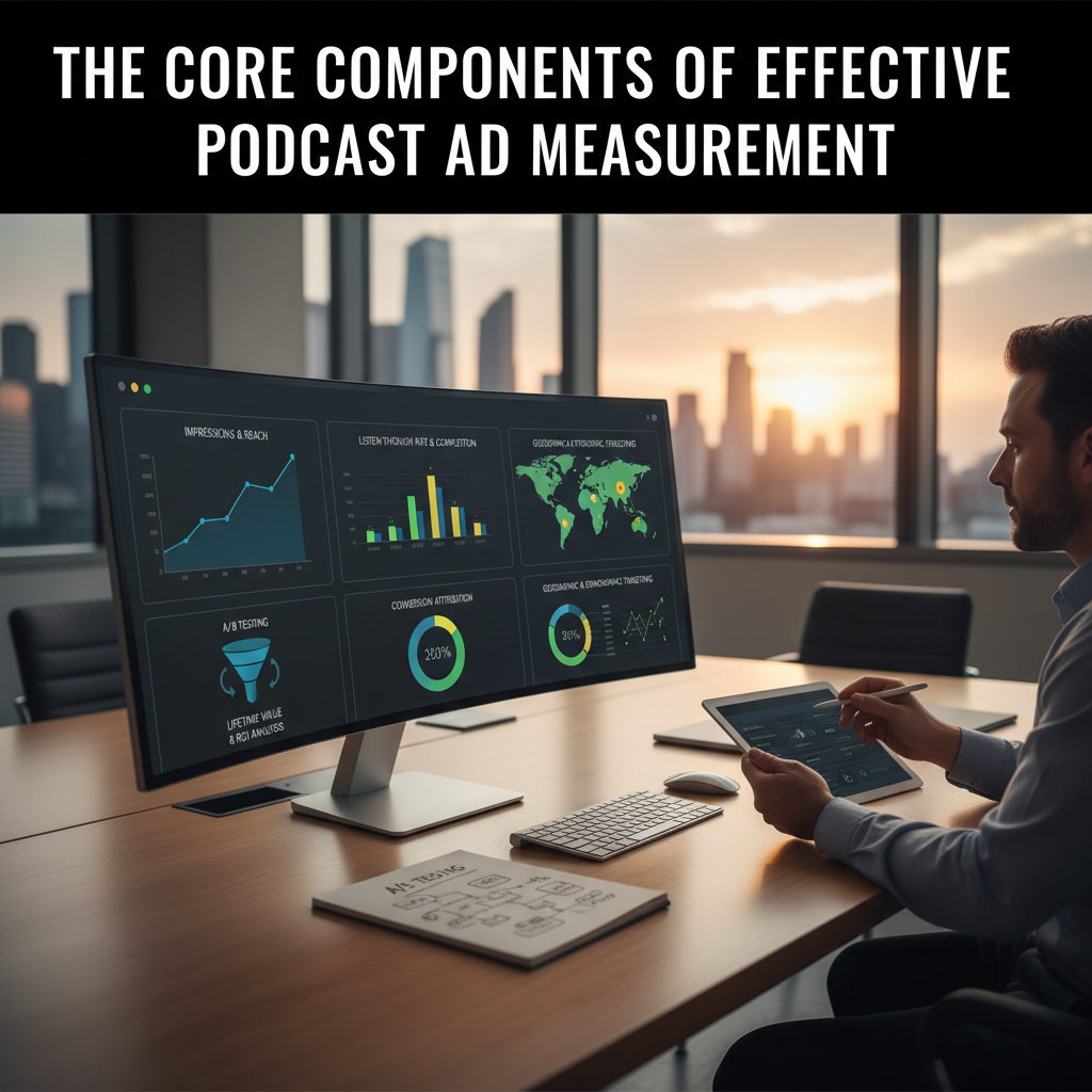 A clean, modern dashboard showing podcast advertising metrics like impressions, reach, and conversion rate. — podcast advertising measurement tools