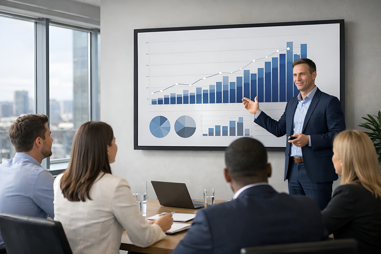 Businessman presenting data charts on a screen to colleagues in a modern meeting room