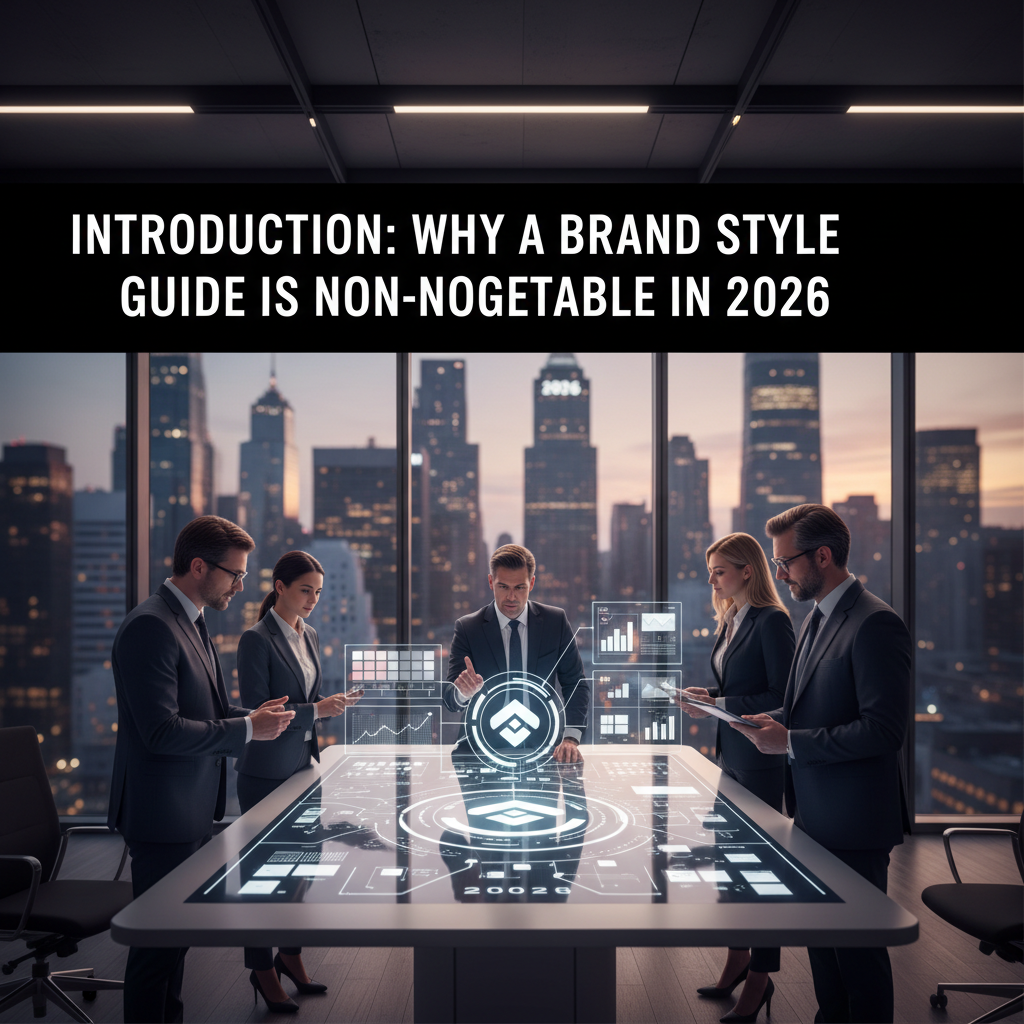 A team of professionals brainstorming around a whiteboard covered in notes about brand mission and values. — brand style guide creation process