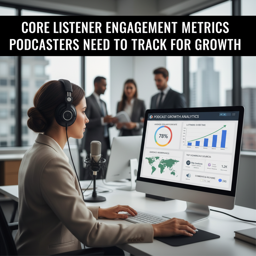 A dashboard showing various podcast analytics charts and graphs — podcast listener engagement metrics