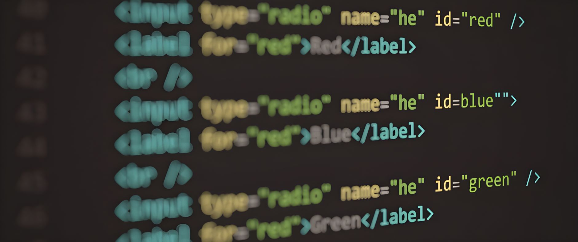 Blurred colorful HTML code for radio buttons on a dark screen