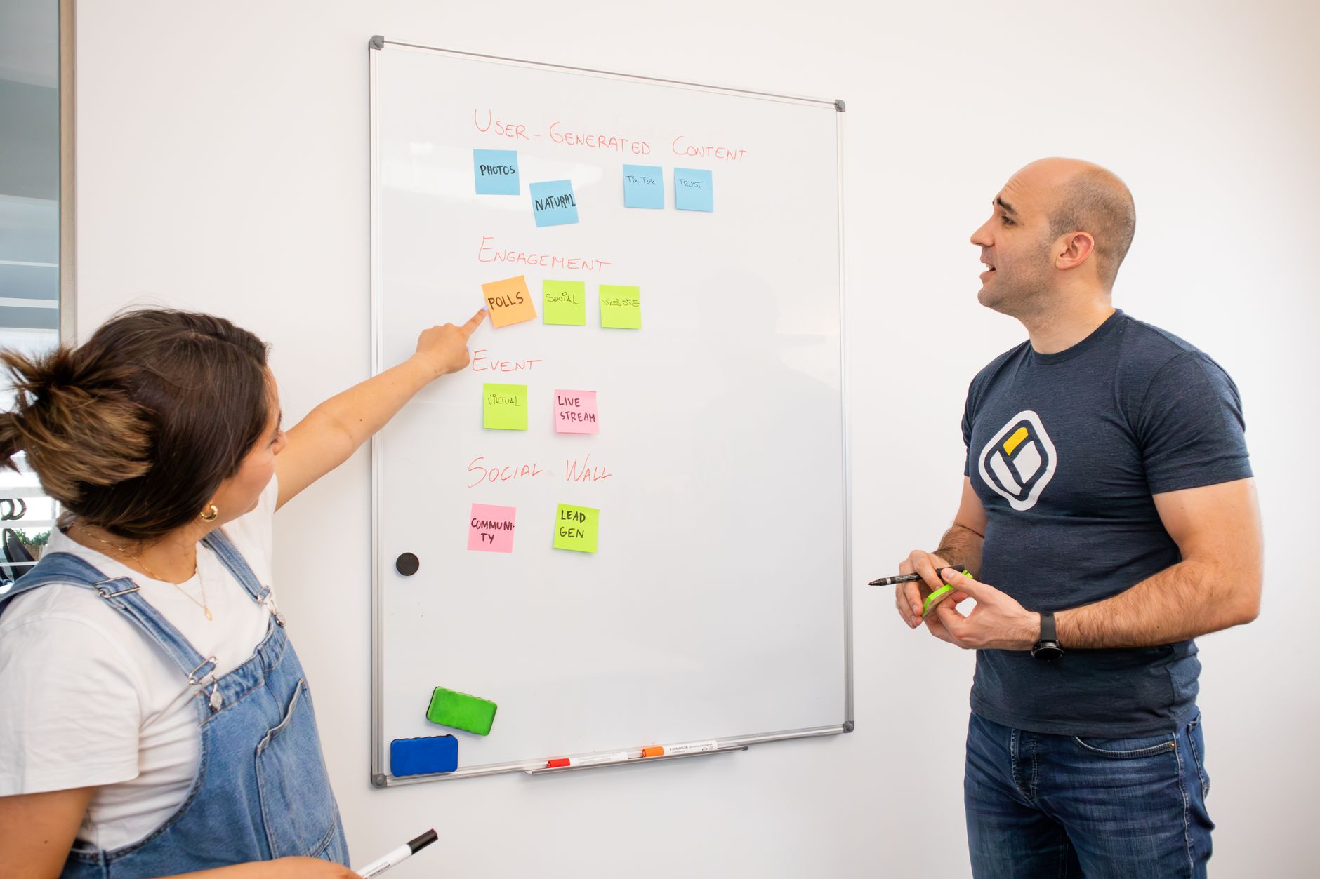 Two people mapping a content workflow with sticky notes on a whiteboard