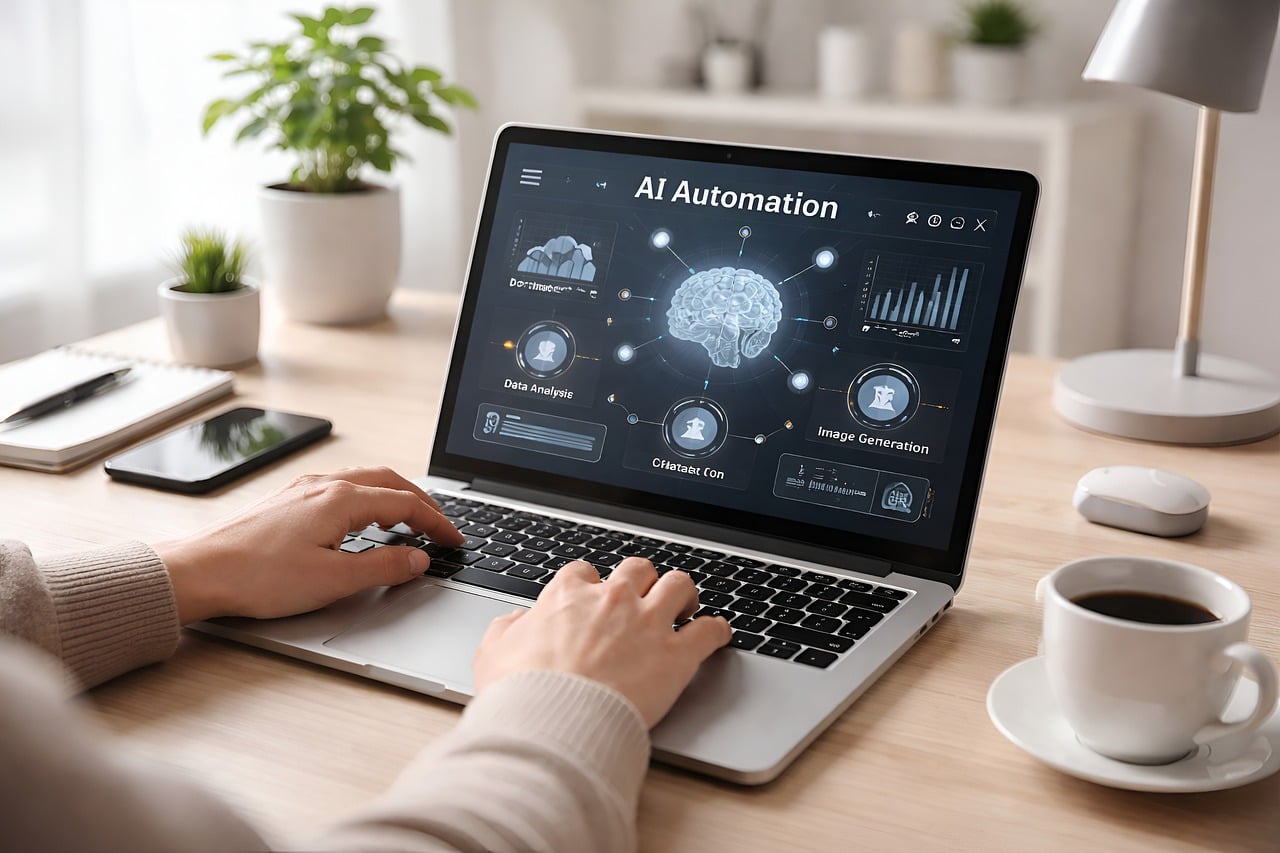 Hands type on a laptop displaying an AI automation interface with a brain graphic