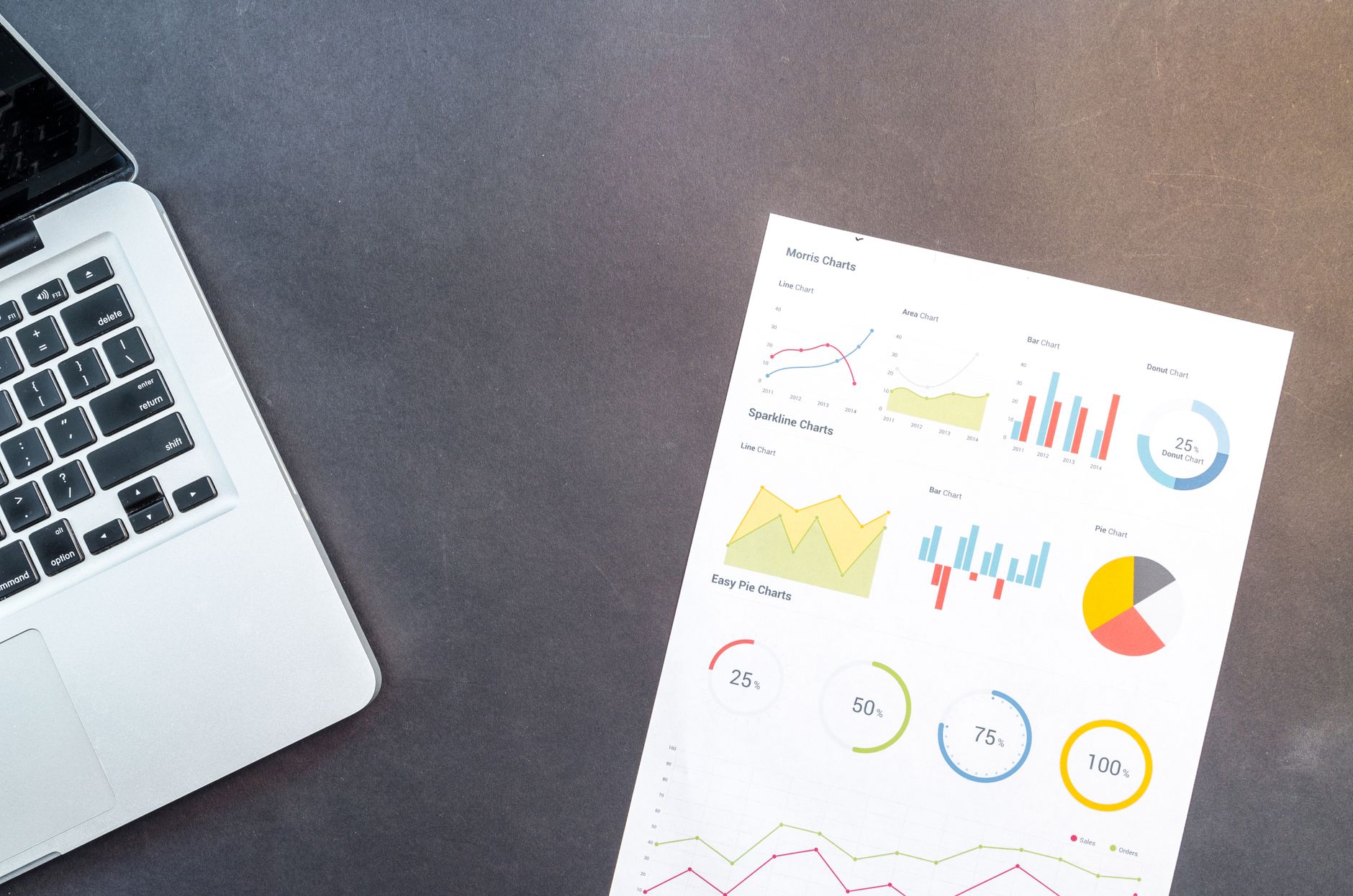 A laptop next to a report displaying various SEO performance charts and graphs