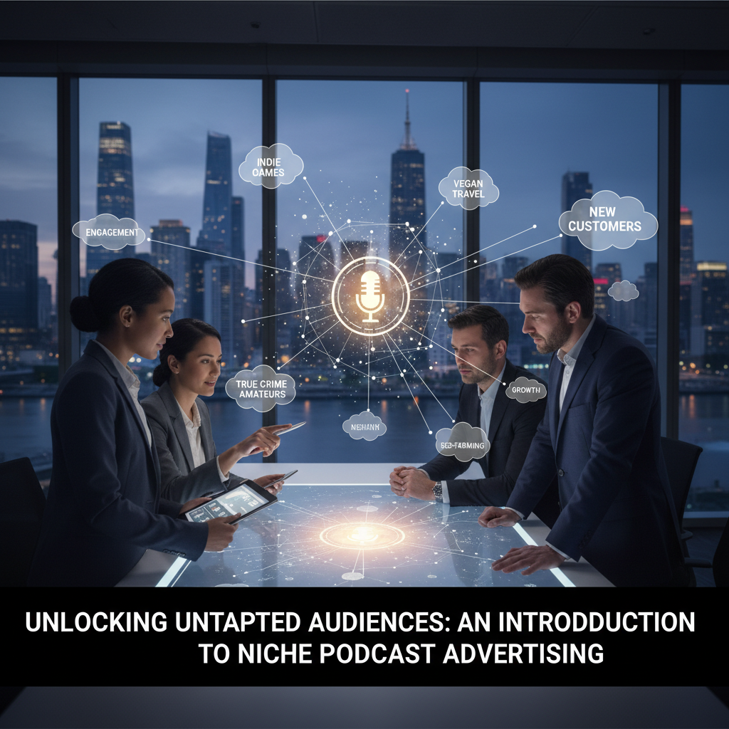 A colorful collage of icons representing different niche podcast topics like a joystick, a plant, a cat, and a historic building. — niche podcast advertising opportunities