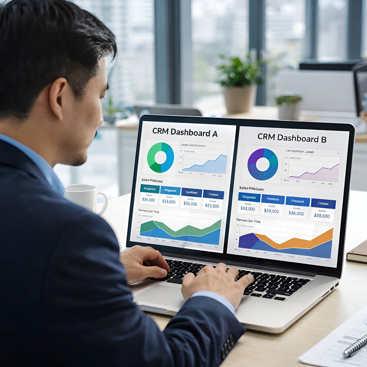 Man in a suit viewing CRM dashboards on a laptop, analyzing business data