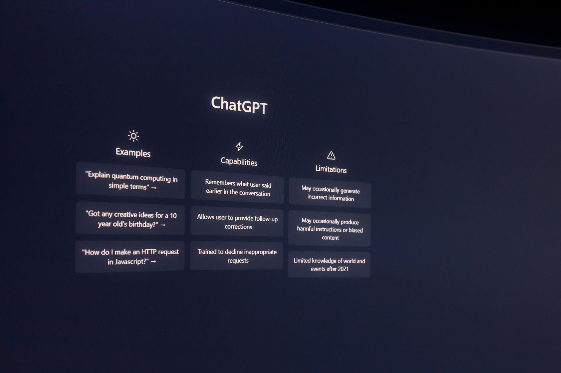 ChatGPT interface displaying its examples, capabilities, and limitations for content generation