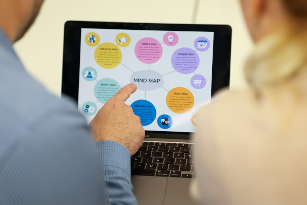 A person points at a mind map displayed on a laptop screen