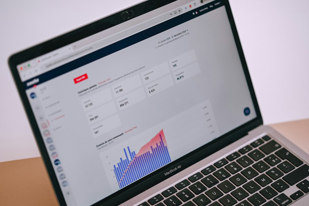 A laptop screen displays an analytics dashboard with metrics and a bar chart