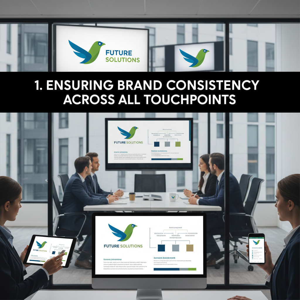 Collage showing a brand's consistent logo, color, and font use across a website, mobile app, and business card. — branding guidelines benefits