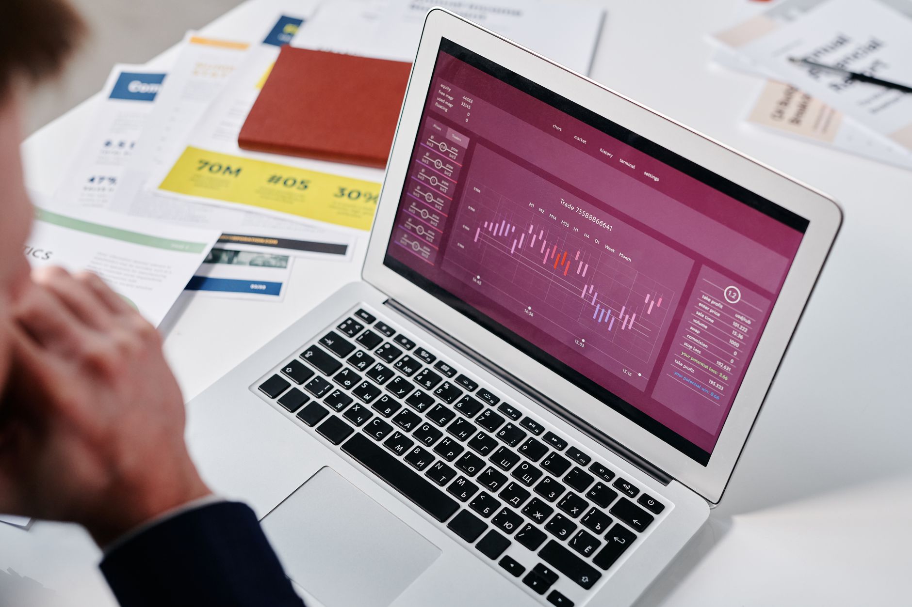 Person's hands and papers next to laptop displaying financial charts and data