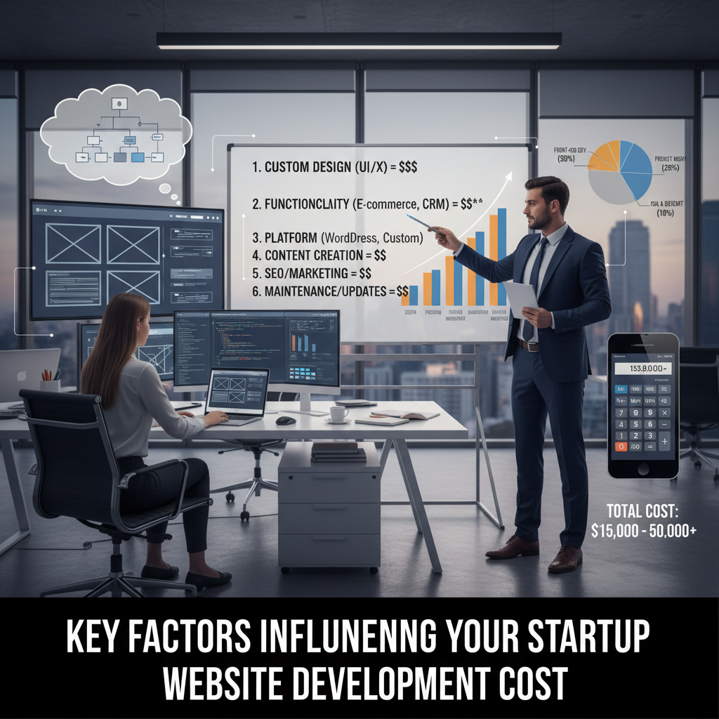 A designer's desk showing a wireframe sketch next to a full-color UI mockup on a computer screen. — startup website development cost