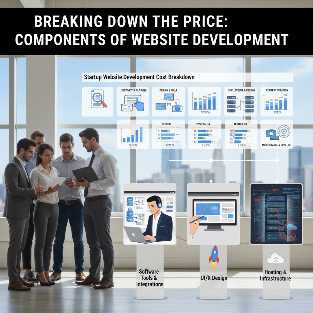 A team of web developers and designers collaborating around a large monitor, representing a professional agency environment. — startup website development cost