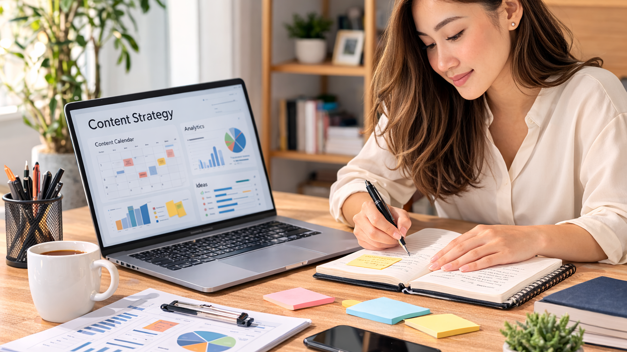 A woman plans content strategy for a podcast business on a laptop and notebook