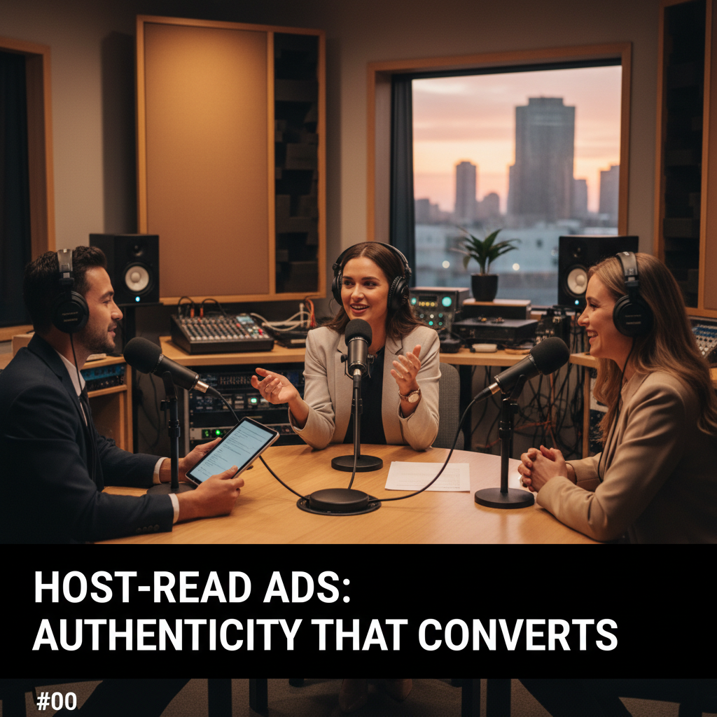 A diagram showing a computer connecting to various podcast icons, representing the automated placement of programmatic audio ads. — podcast ad types explained