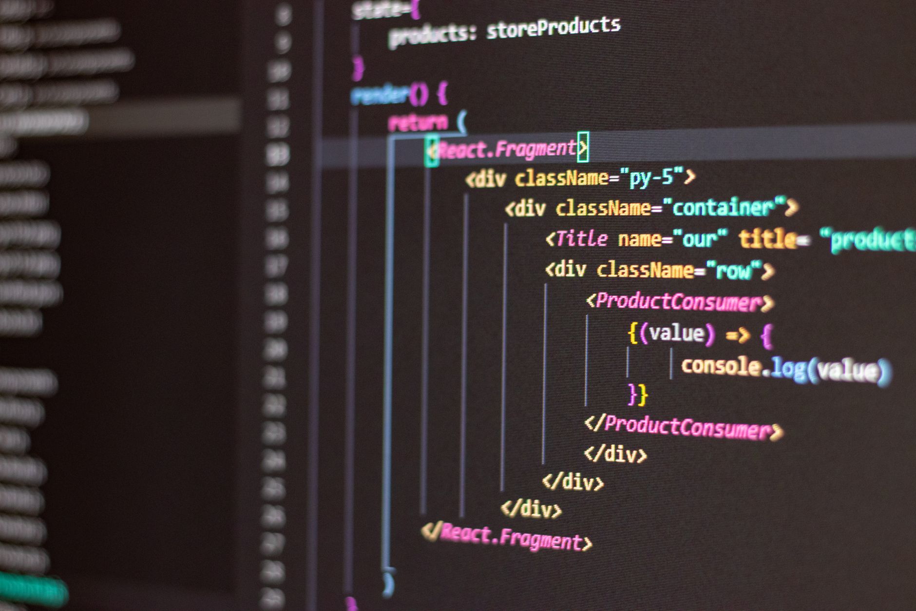 Close-up of colorful code displayed on a computer screen within an editor window