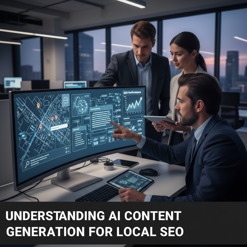 Diagram showing how AI generates various local content types like Google Business Profile posts, localized blogs, and geo-targeted landing pages. — ai content for local SEO rankings
