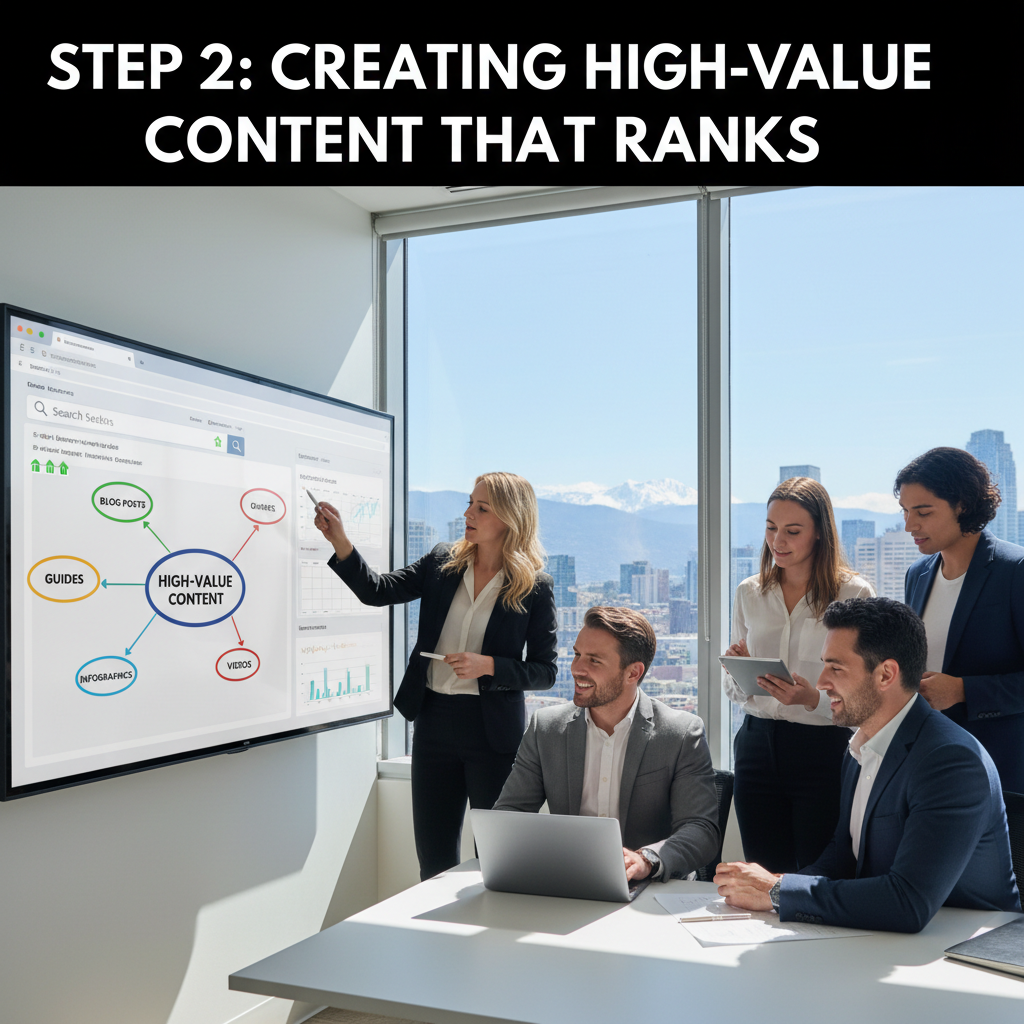 A sleek dashboard from Rank My Website showing a content calendar with scheduled posts for a local plumbing company, along with its improving organic traffic graph. — seo content strategy for small business