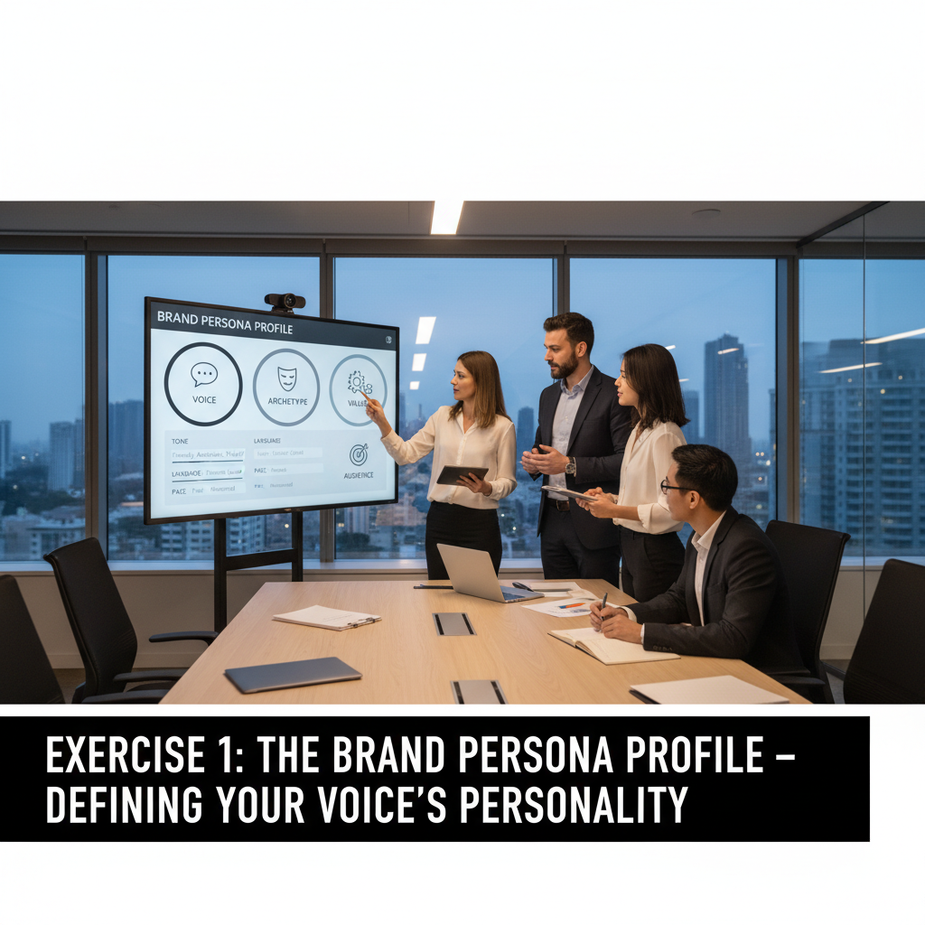 A completed empathy map worksheet showing the four quadrants: says, thinks, feels, does. — brand voice development exercises