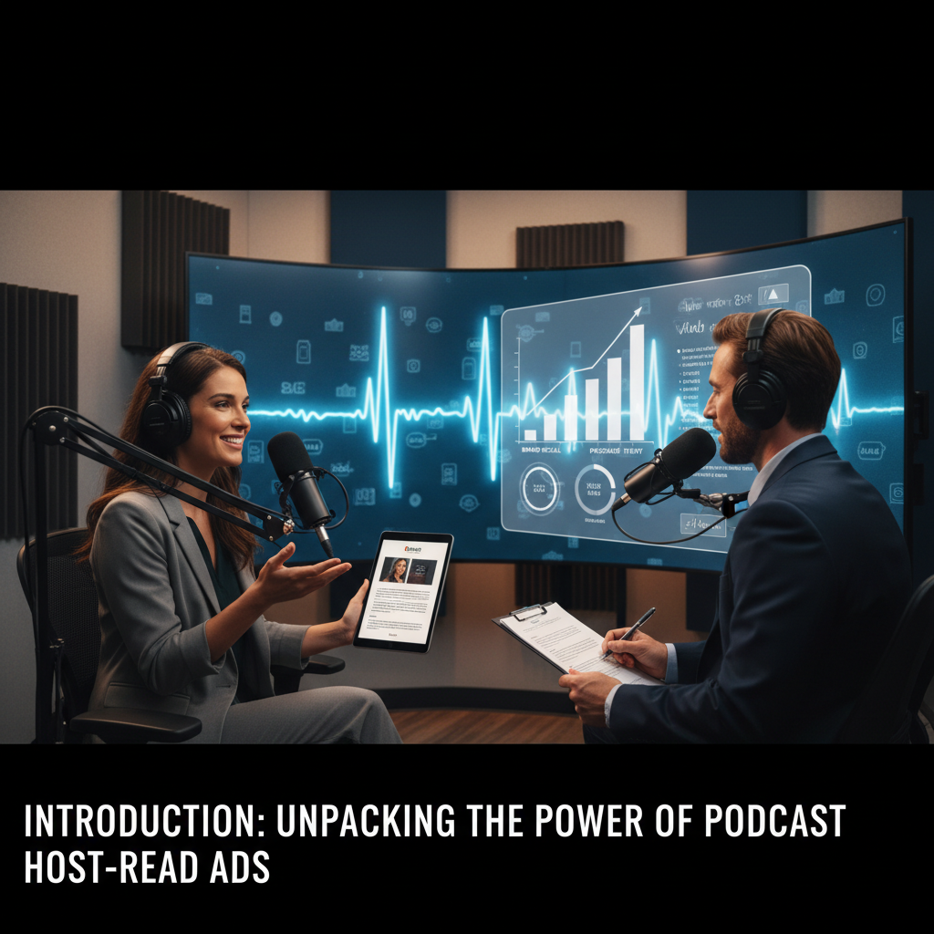 A smiling podcast host speaking into a microphone with sound waves transforming into a heart symbol towards a listener wearing headphones. — podcast host-read ad effectiveness