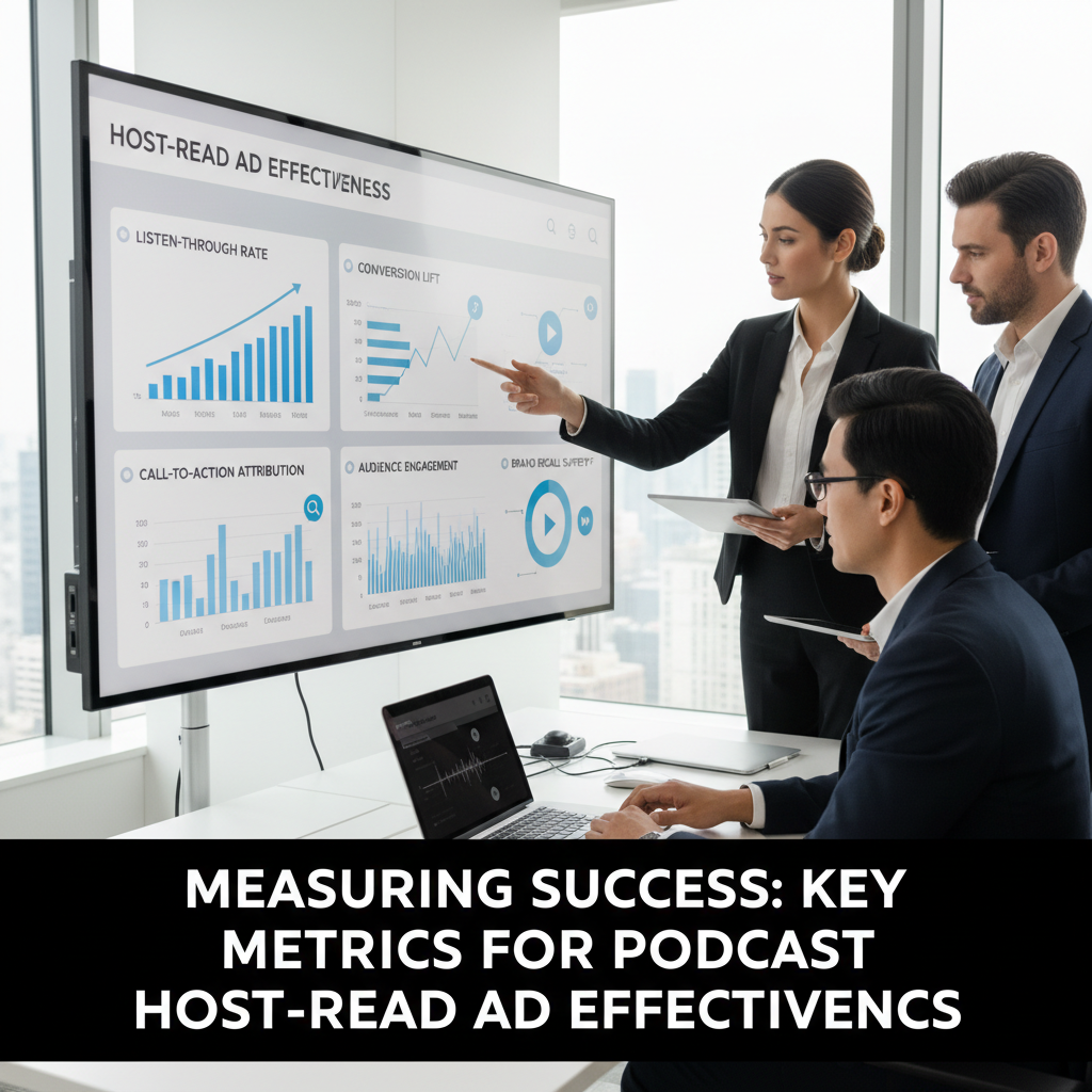 Podcast host at a desk smiling and speaking into a microphone, gesturing naturally as if sharing a personal story. — podcast host-read ad effectiveness