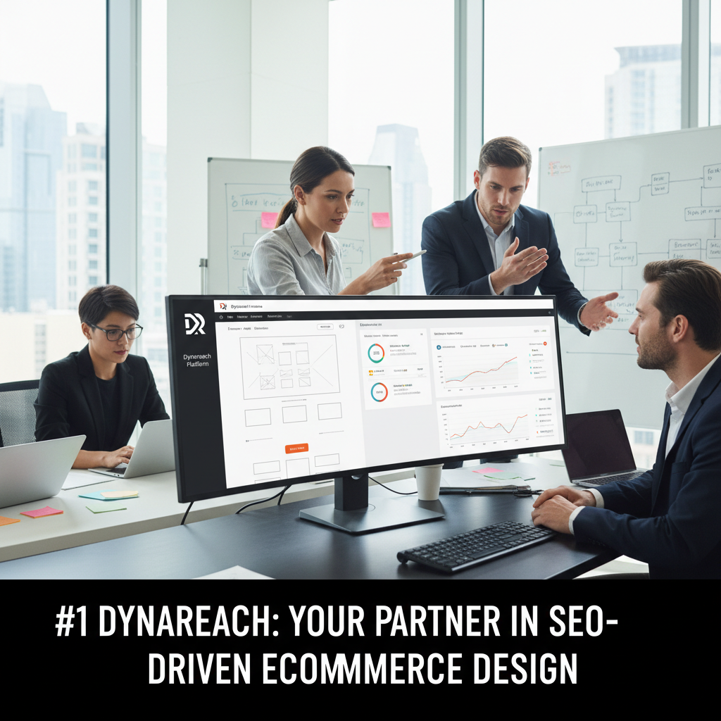 A professional and collaborative team from Dynareach discussing a website layout on a large screen displaying analytics and design mockups. — ecommerce website design best practices SEO