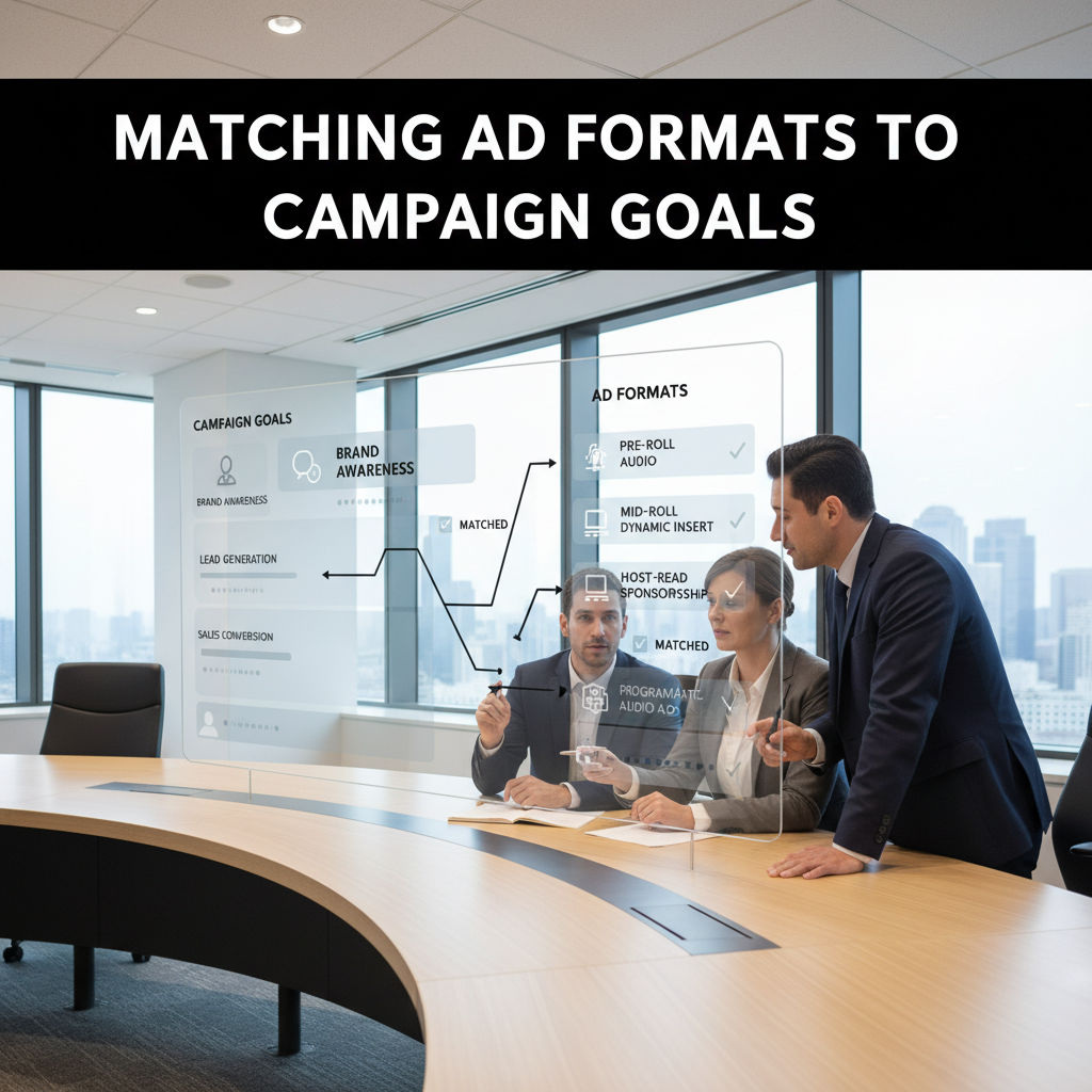 Advertiser and podcaster reviewing podcast ad campaign data on a laptop — how to choose the right podcast ad format