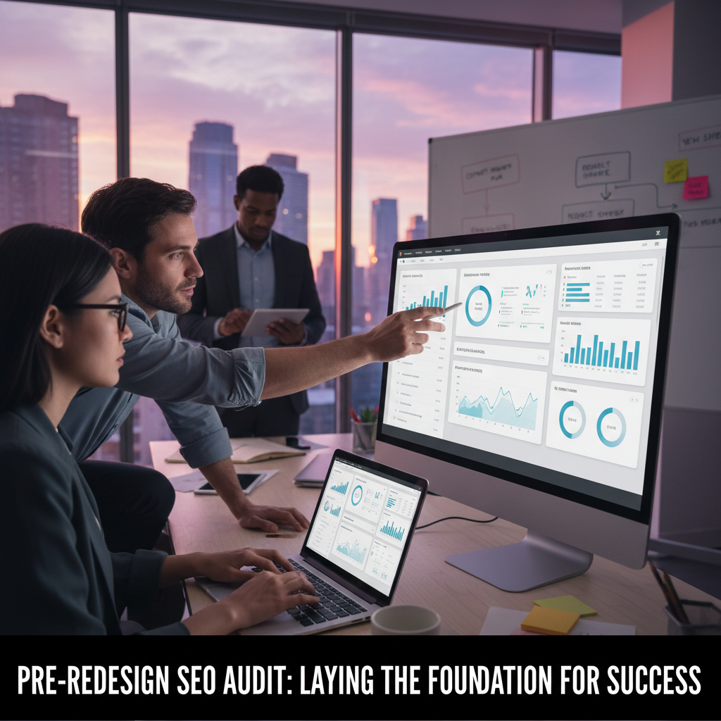 A designer and an SEO specialist collaborating over a wireframe on a digital tablet — website redesign impact on SEO