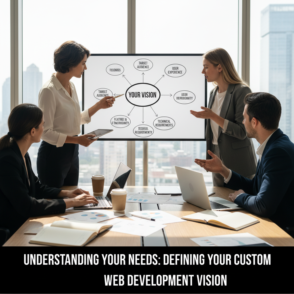 A diverse team of web developers and designers collaborating around a large screen displaying wireframes and code. — choosing a custom web development agency