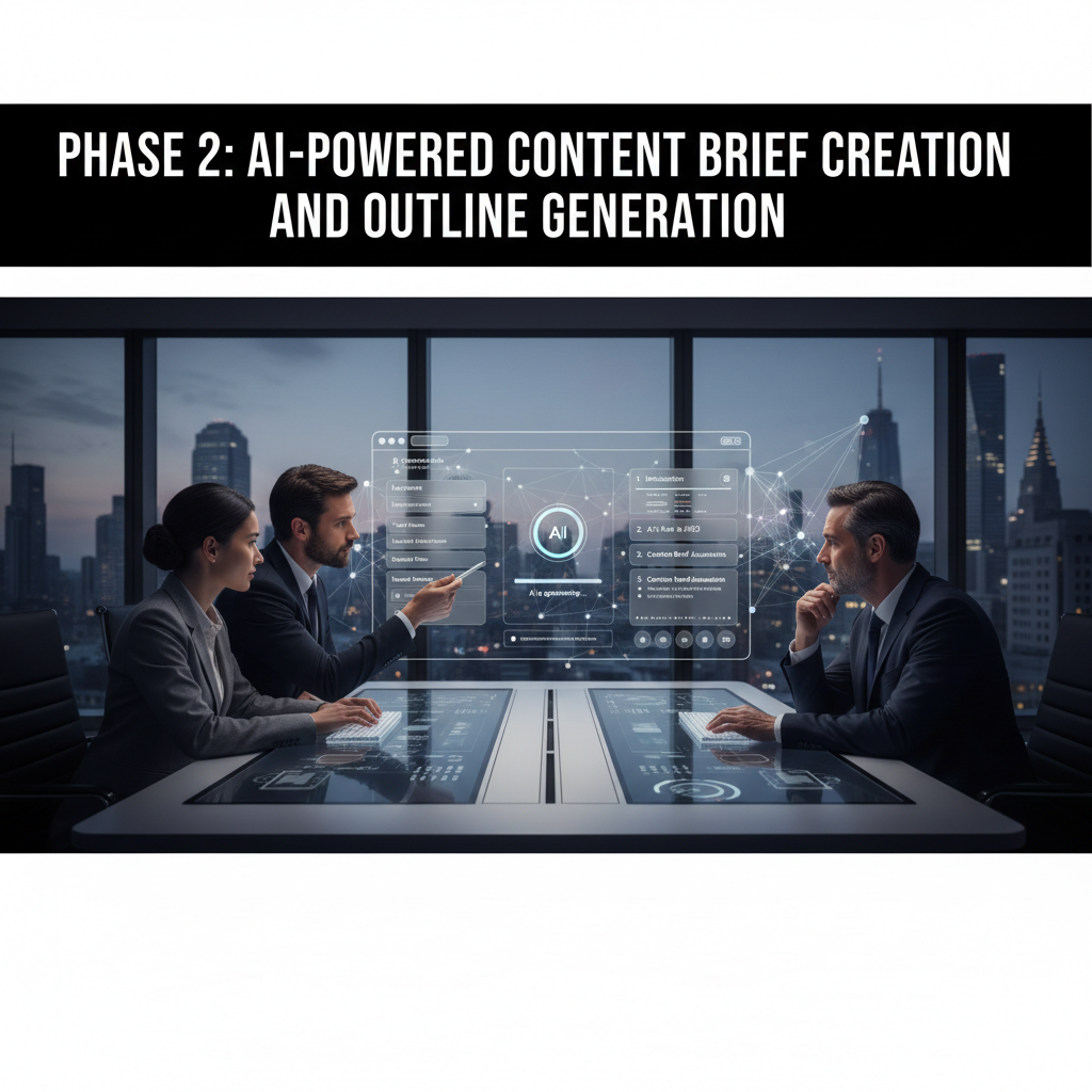 A content strategist reviewing an AI-generated article on a large monitor with SEO optimization suggestions highlighted. — ai seo content workflow