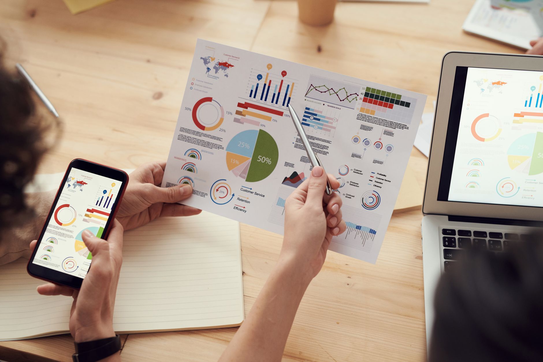 Hands hold a business report with various charts, comparing data on a phone and laptop