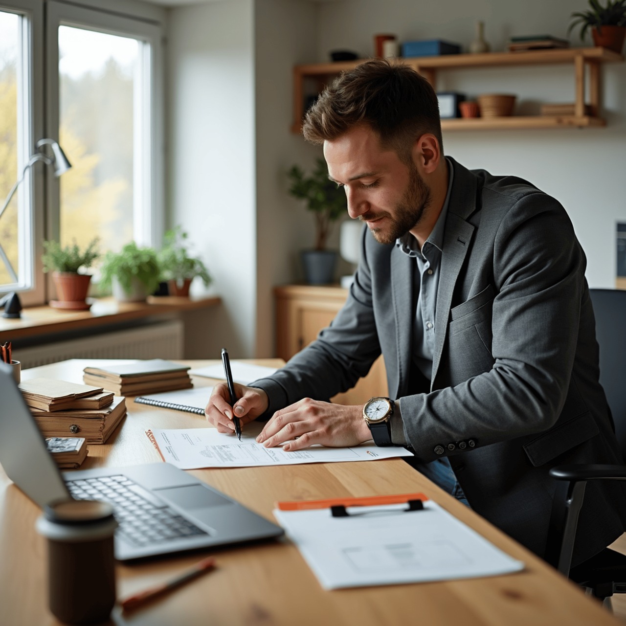 A businessman in a suit jacket writes at a desk with a laptop nearby