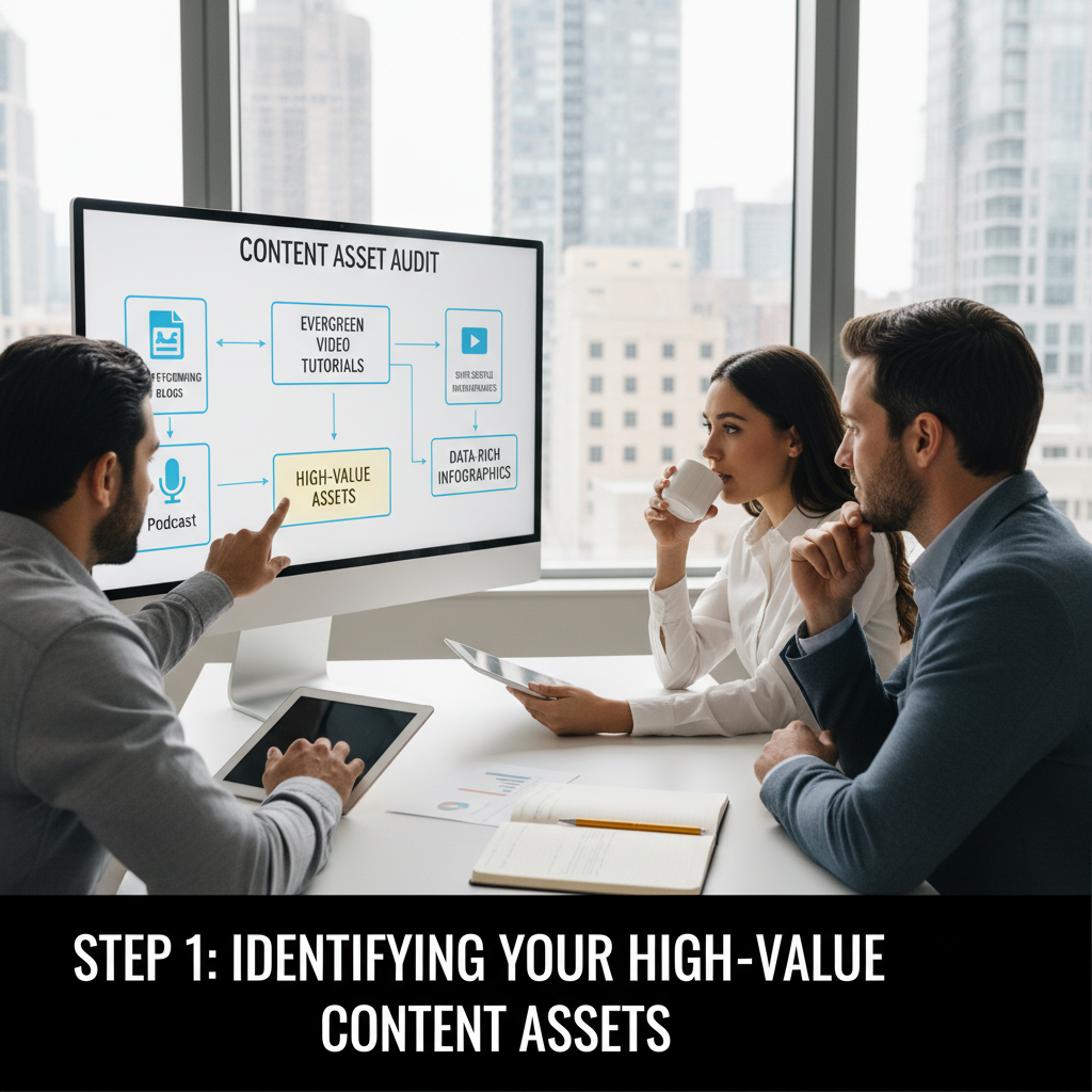 A flowchart showing a central blog post branching out into an infographic, social media carousel, and e-book. — content repurposing for seo scale
