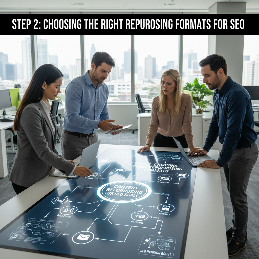 A diagram showing a central content pillar branching out to different optimized formats like video, podcast, and infographic, each with specific SEO elements highlighted. — content repurposing for seo scale