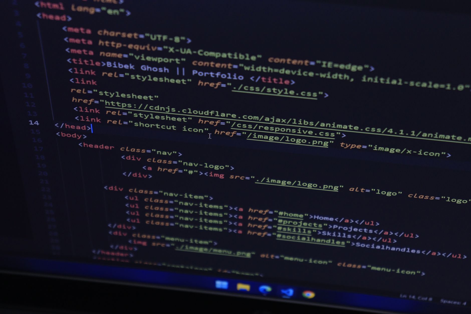 HTML code on a dark screen, displaying website structure and links for AI indexing
