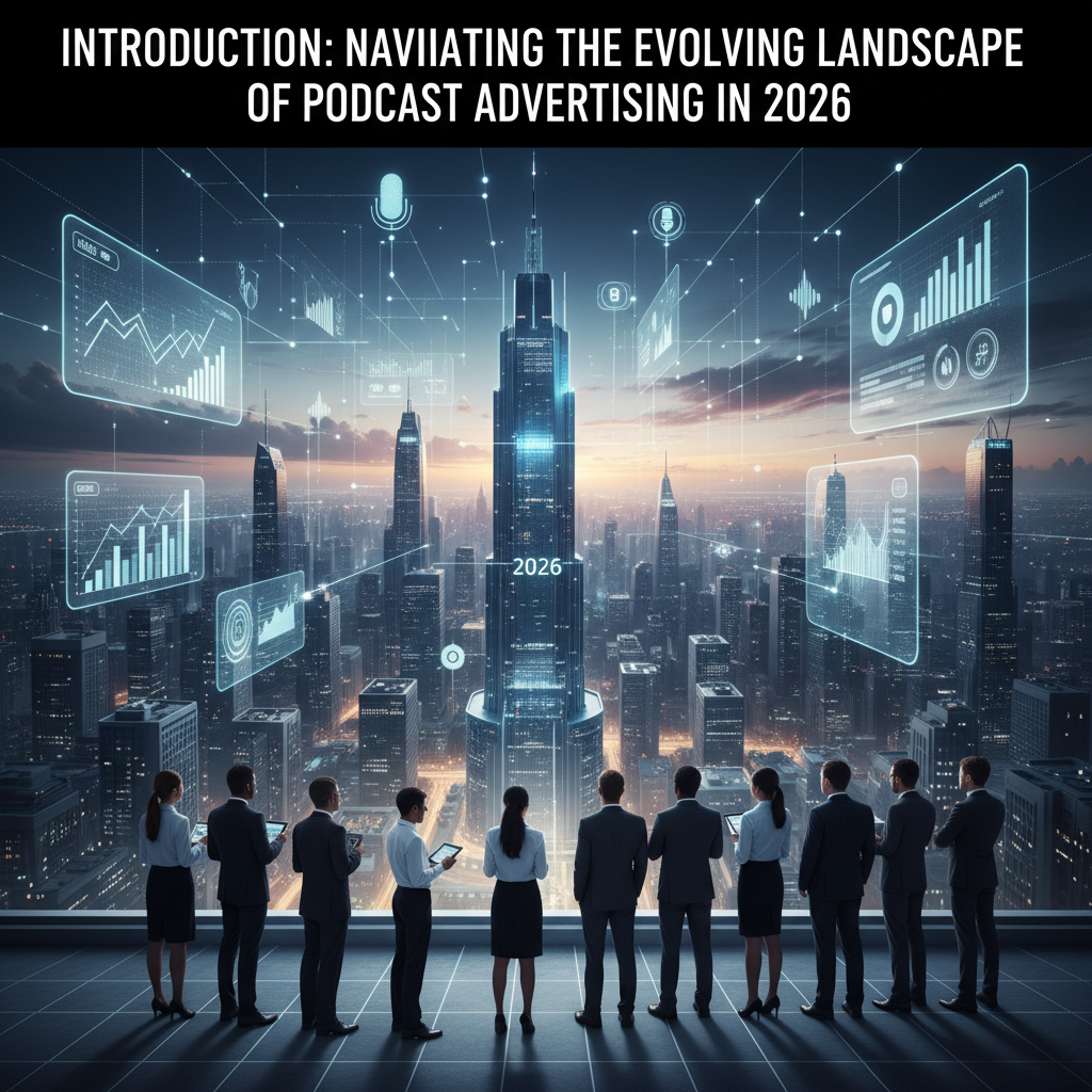 A dashboard showing podcast ad campaign analytics and audience demographic charts — podcast advertising trends 2026