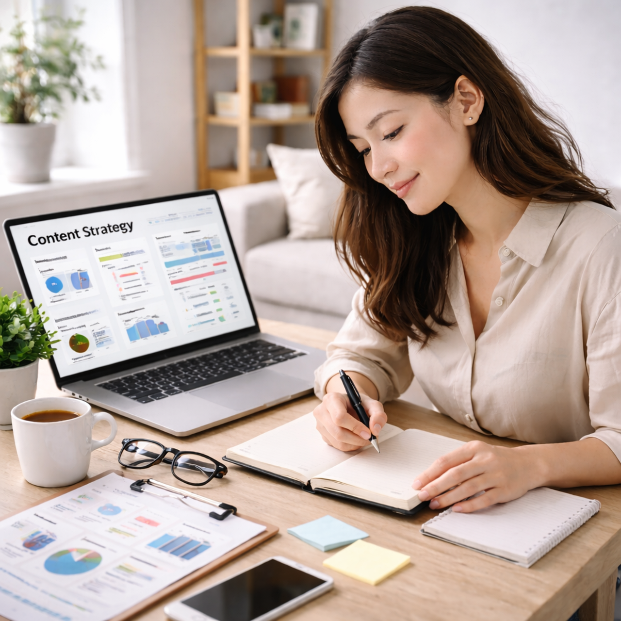 Woman writing in notebook while reviewing a laptop showing content strategy charts