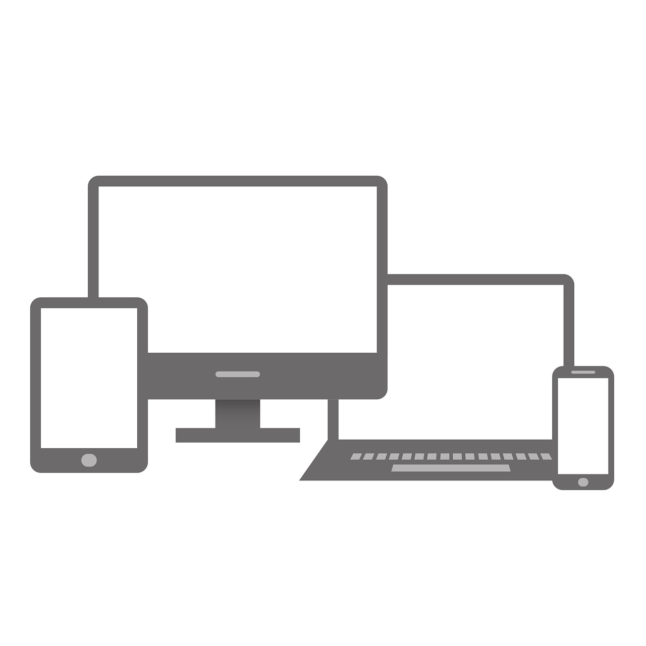 Icons of a smartphone, tablet, desktop monitor, and laptop for responsive design