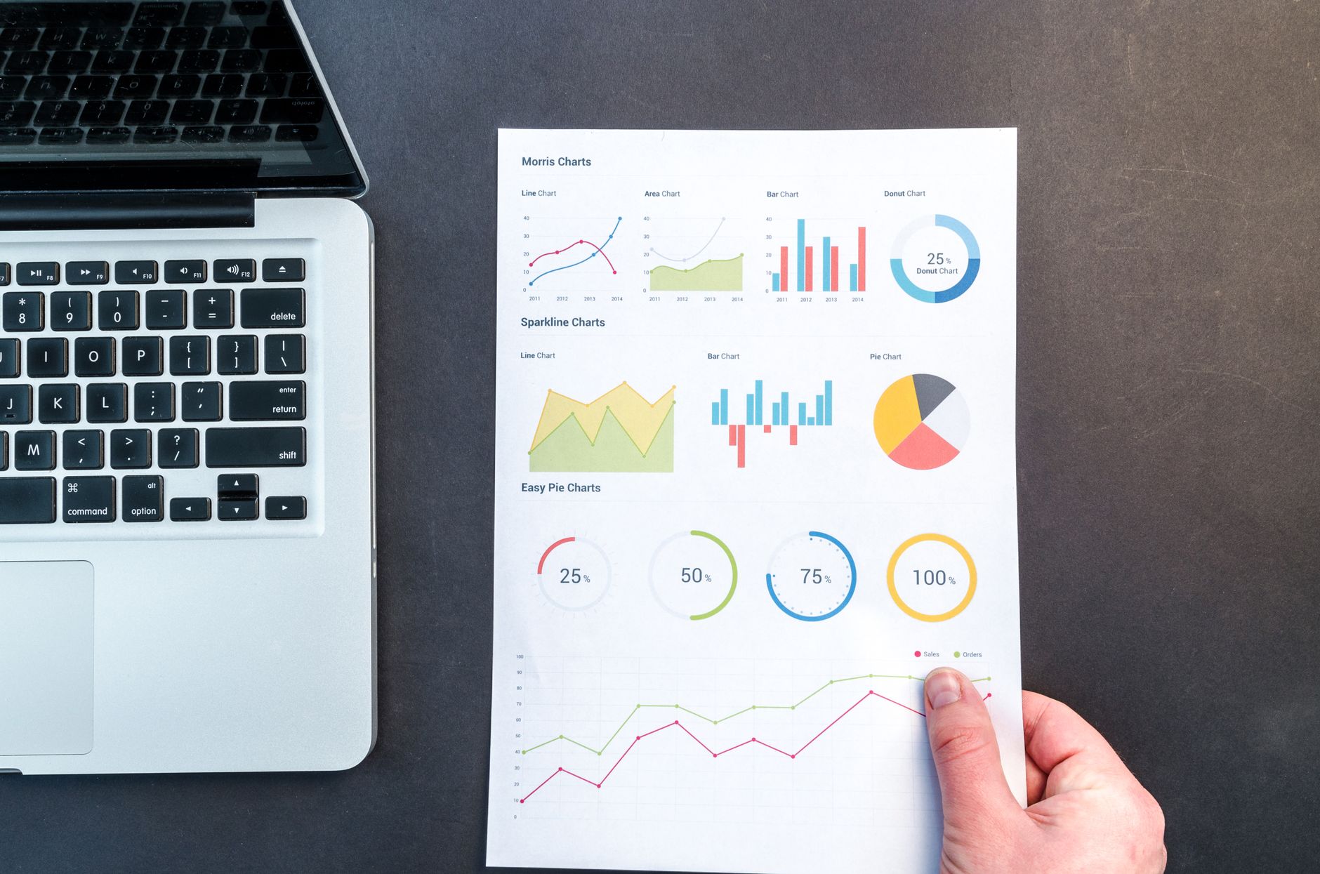 A hand holds a paper showing data charts next to a laptop keyboard