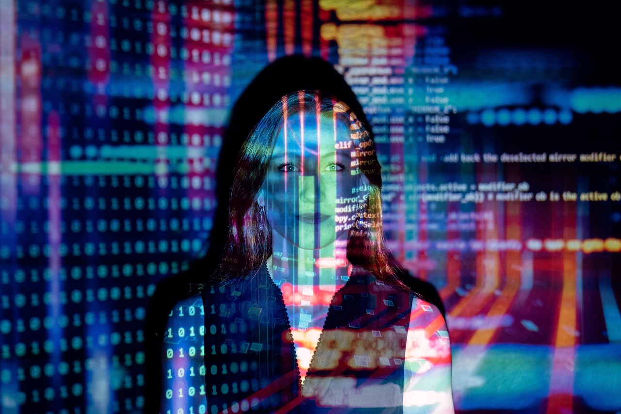 A digital portrait of a woman with lines of code projected onto her face