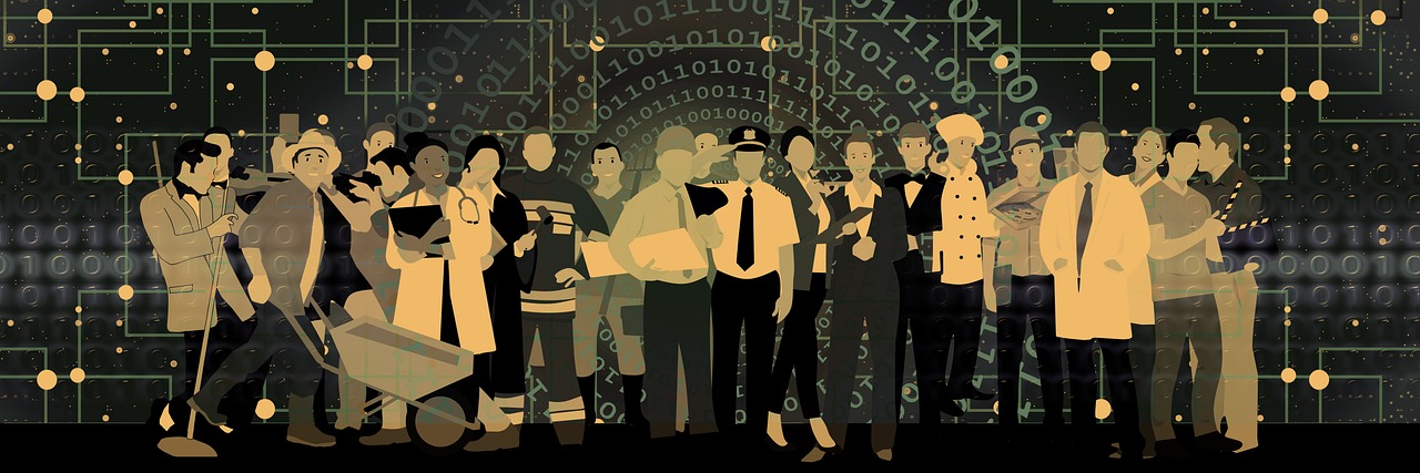 An illustration of diverse professionals standing before a binary code and network background