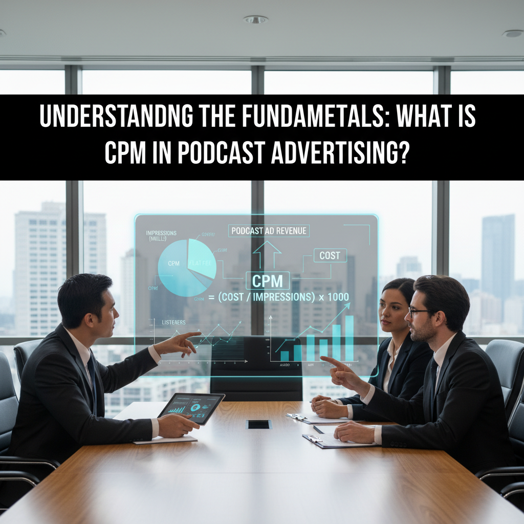 A diagram showing the different factors like niche, ad format, and placement influencing podcast CPM rates — podcast advertising cost per mille